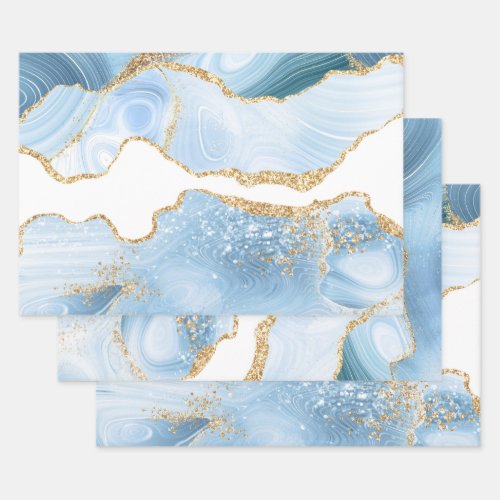 Baby Blue and Faux Gold Glitter Marble Agate Wrapping Paper Sheets