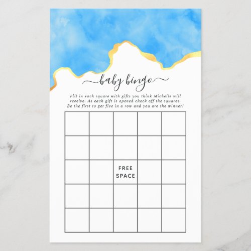Baby Blue and Gold Agate Boy Baby Shower Bingo