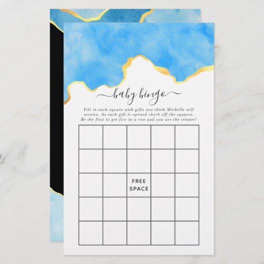 Baby Blue and Gold Agate Boy Baby Shower Bingo (Front/Back)