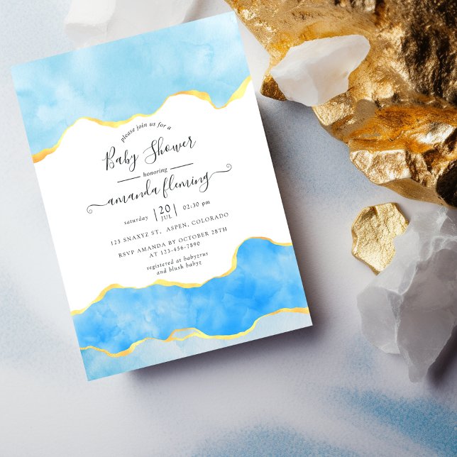Baby Blue and Gold Agate Boy Baby Shower Invitation (Creator Uploaded)