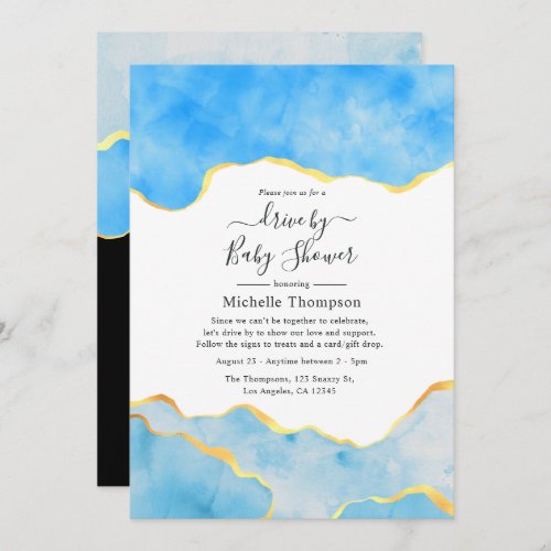 Baby Blue and Gold Agate Drive By Shower Invitation
