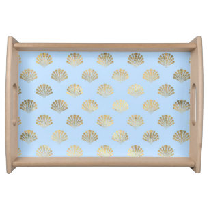 Baby Blue and Gold Art Deco Vintage Floral Pattern Serving Tray
