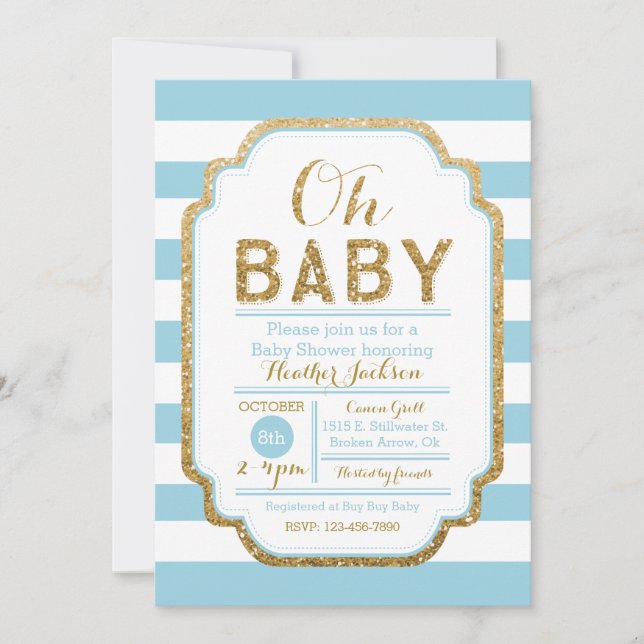 Baby Blue And Gold Baby Shower Invitation, Boy Invitation (Front)