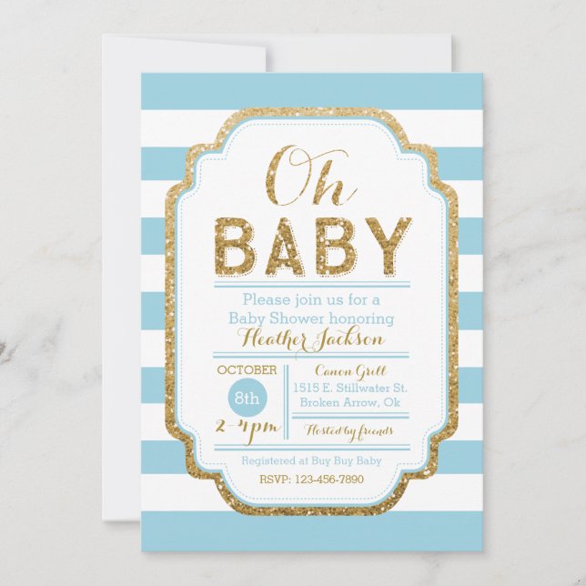 Baby Blue And Gold Baby Shower Invitation, Boy Invitation (Front)