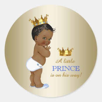 Baby Blue And Gold Ethnic Prince Baby Shower Classic Round Sticker by The_Vintage_Boutique at Zazzle