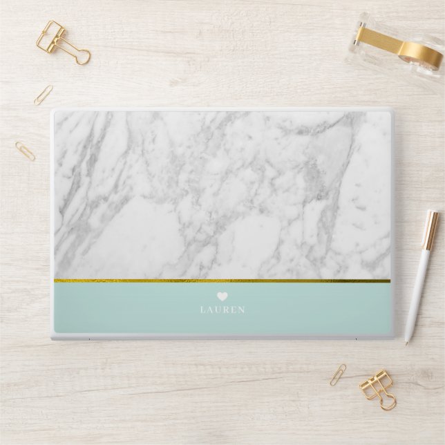 Baby Blue and Gold Marble Texture Modern HP Laptop Skin (Desk)
