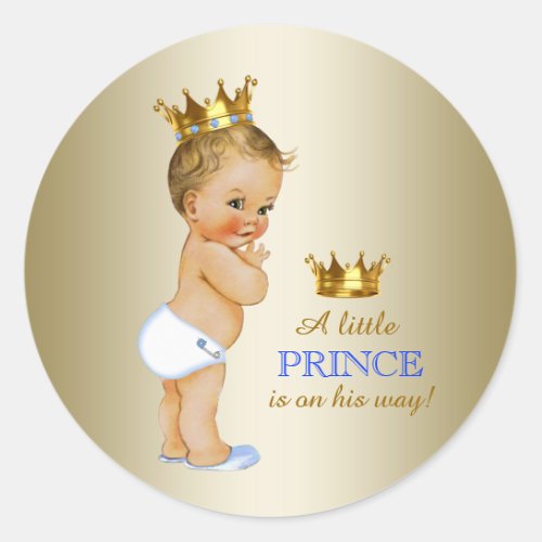 Baby Blue and Gold Prince Baby Shower Classic Round Sticker