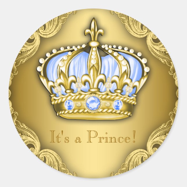 Baby Blue and Gold Prince Baby Shower Classic Round Sticker (Front)