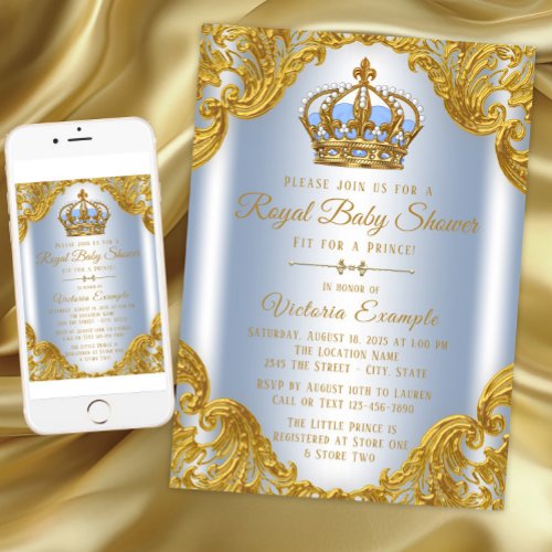 Baby Blue and Gold Prince Baby Shower Invitations