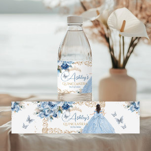 Baby Blue and Gold Quinceañera Princess Water Bott Bottle Label