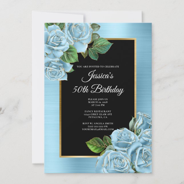 Baby Blue and Gold Rose Glam 50th Birthday Invitation (Front)