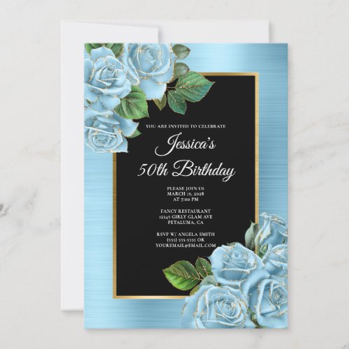 Baby Blue and Gold Rose Glam 50th Birthday Invitation
