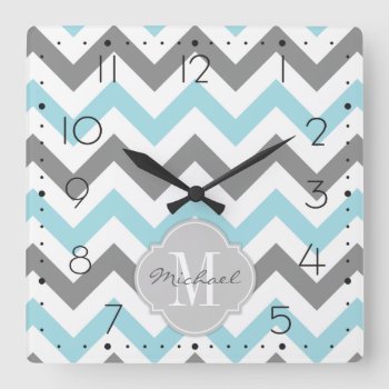 Baby Blue And Gray Chevron With Monogram Square Wall Clock by eatlovepray at Zazzle
