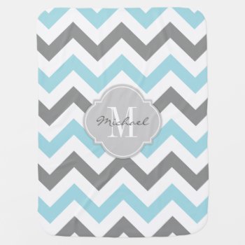 Baby Blue And Gray Chevron With Monogram Stroller Blanket by eatlovepray at Zazzle