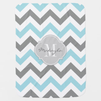 Baby Blue and Gray Chevron with Monogram Swaddle Blanket
