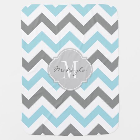 Baby Blue And Gray Chevron With Monogram Swaddle Blanket