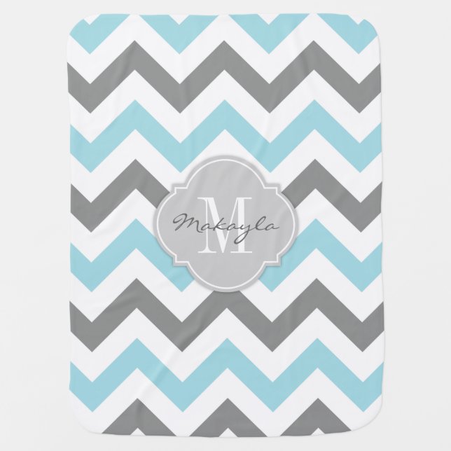 Baby Blue and Gray Chevron with Monogram Swaddle Blanket (Front)