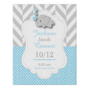 Baby Blue and Gray Elephant - Birth Information Faux Canvas Print