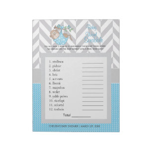 Baby Blue and Gray Monkey Baby Shower Scramble Notepad