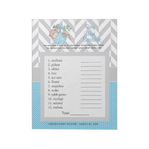 Baby Blue and Gray Monkey Baby Shower Scramble Notepad