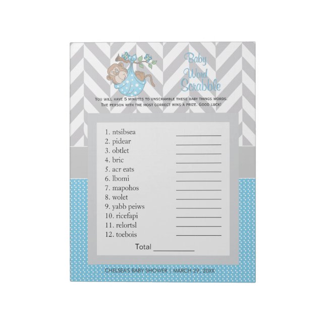 Baby Blue and Gray Monkey Baby Shower Scramble Notepad (Rotated)