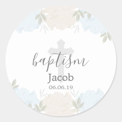 Baby Blue and Ivory Floral Baby Baptism Classic Round Sticker