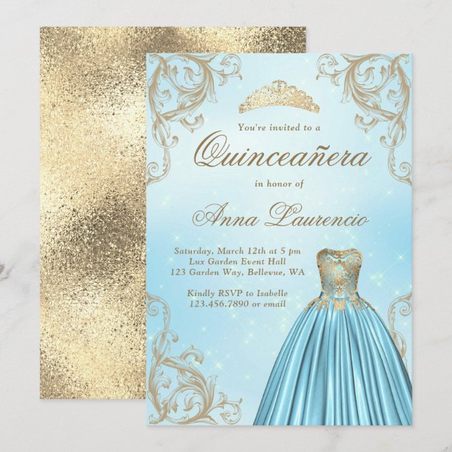 Baby Blue And Light Gold Quinceanera Invitation (Front/Back)