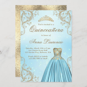 Baby Blue And Light Gold Quinceanera Invitation
