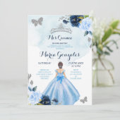 Baby Blue and Navy Butterfly 3 Charra Quinceanera  Invitation (Standing Front)