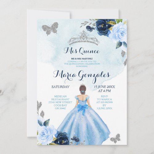 Baby Blue and Navy Butterfly 3 Charra Quinceanera  Invitation