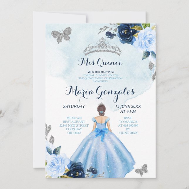Baby Blue and Navy Butterfly 3 Charra Quinceanera  Invitation (Front)