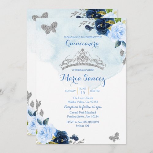 Baby Blue and Navy Butterfly Charra 15th Anos 3 Invitation