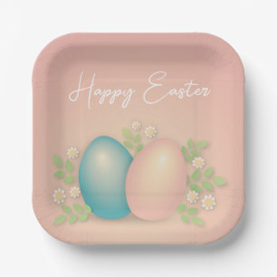 Baby blue and pink easter eggs and spring floral paper plates