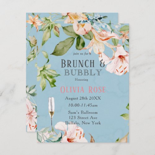 Baby Blue and Pink Lily Brunch  Bubbly Invitation