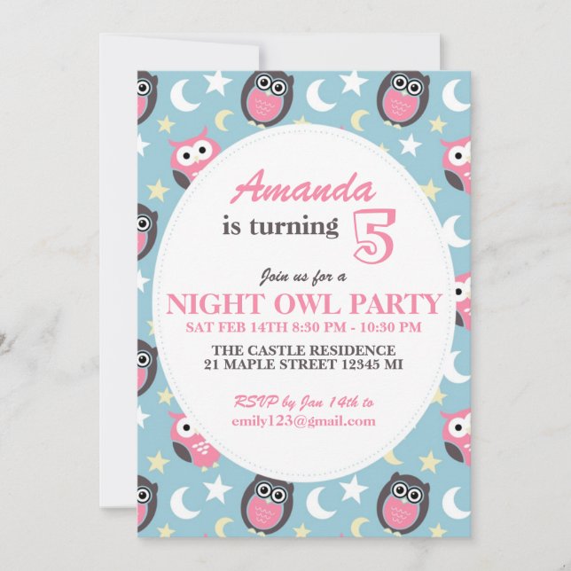 Baby Blue and Pink Owl Cartoon Birthday Invitation (Front)