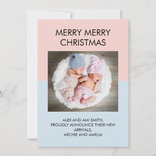 Baby Blue and Pink Twin Boy Girl Photo Christmas Announcement