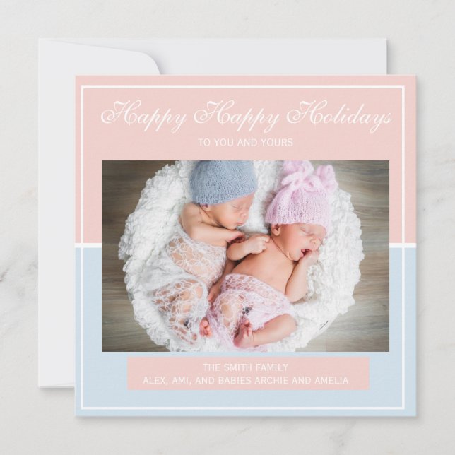 Baby Blue and Pink Twin Boy Girl Photo Christmas Holiday Card (Front)