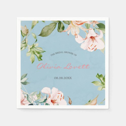 Baby Blue and Pink Watercolor Lily Bridal Shower  Napkins