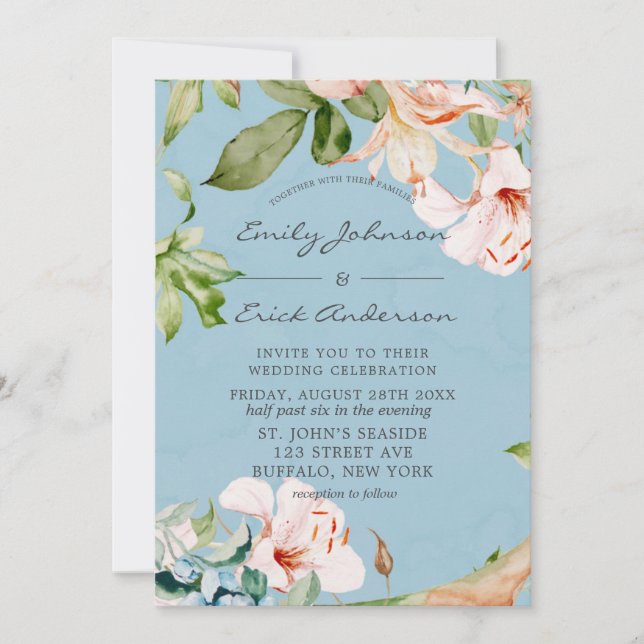 Baby Blue and Pink Watercolor Lily Wedding Invitation (Front)