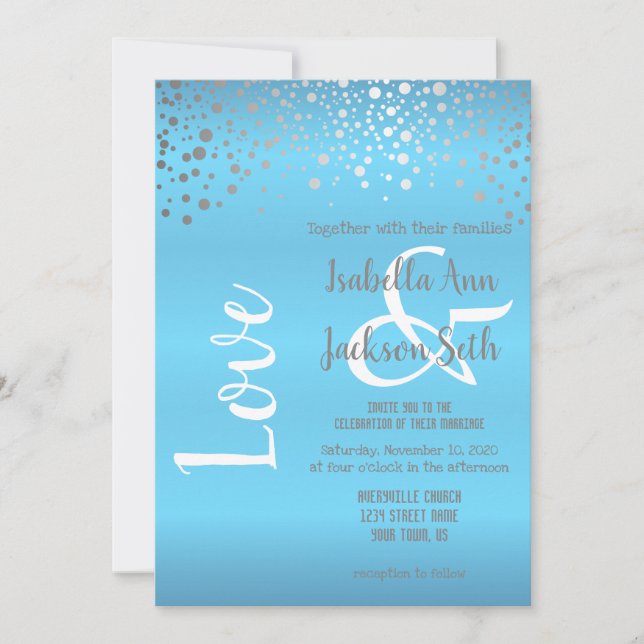 Baby Blue and Silver Confetti Dots Invitation (Front)