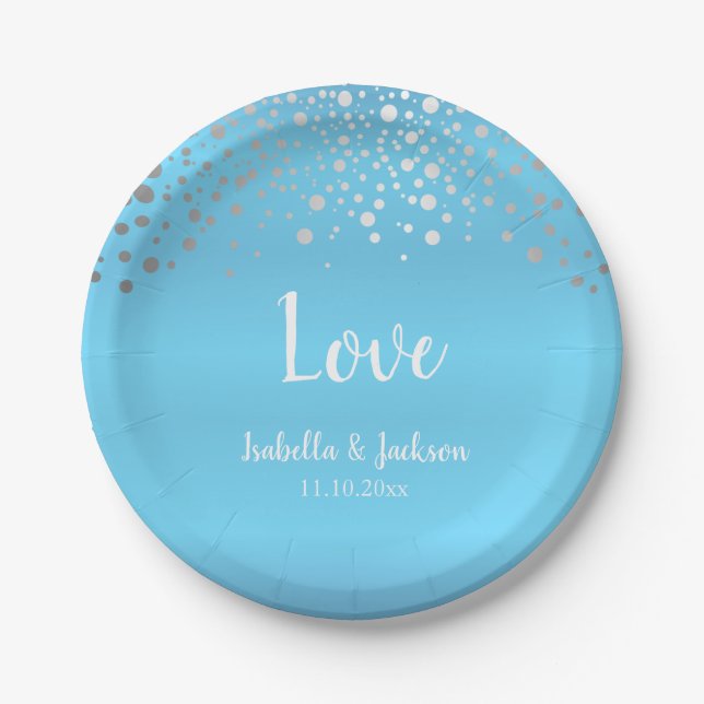 Baby Blue and Silver Confetti Dots Paper Plates (Front)