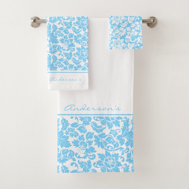 Baby Blue And White Damask Bath Towel Set (Insitu)