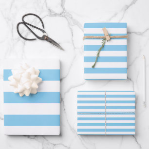 Baby Blue and White Different Sizes Horiz. Stripes Wrapping Paper Sheets