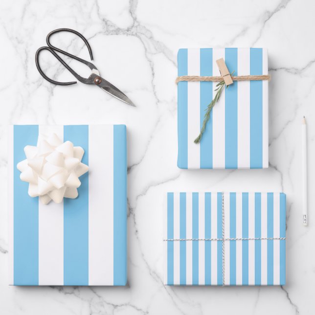 Baby Blue and White Different Sizes Vert. Stripes Wrapping Paper Sheets (Front)