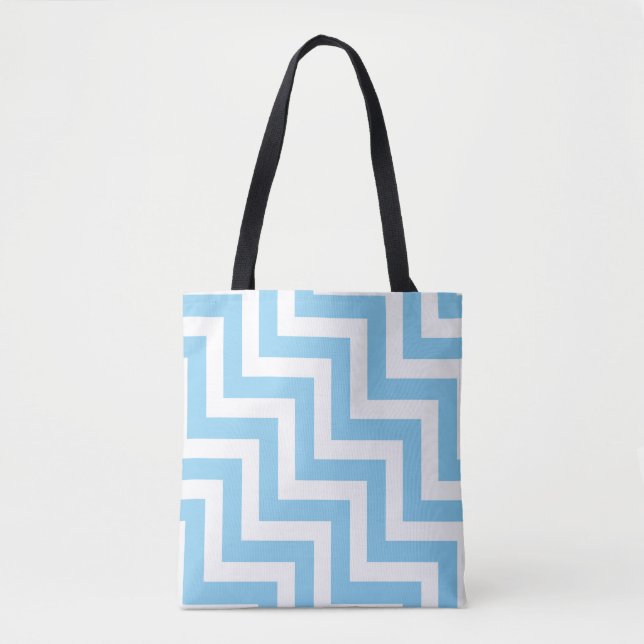 Baby Blue and White Large Diagonal Chevron Stripes Tote Bag (Front)