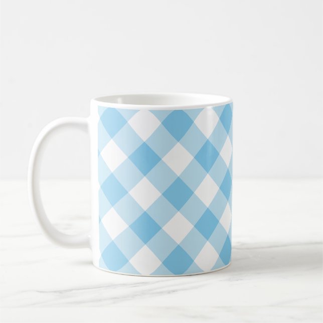 Baby Blue and White Large Diagonal Gingham Checks Coffee Mug (Left)