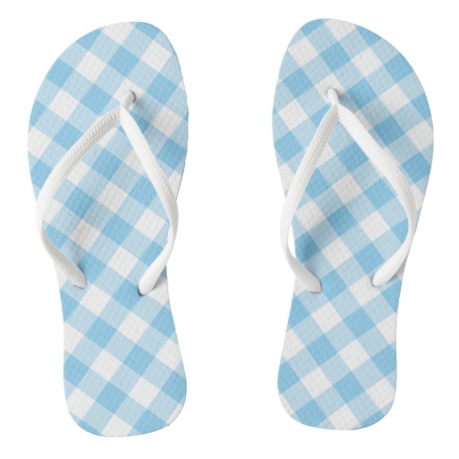 Baby Blue and White Large Diagonal Gingham Checks Flip Flops (Footbed)