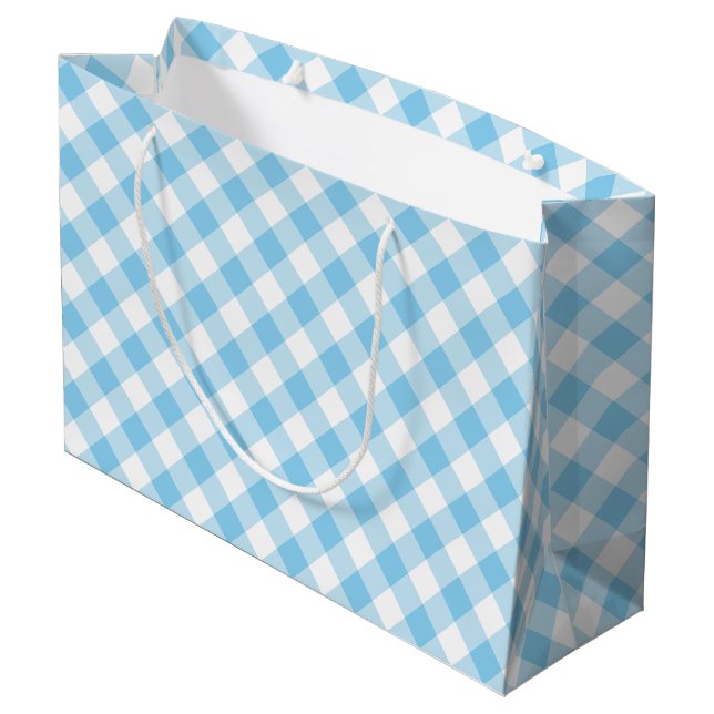 Baby Blue and White Large Diagonal Gingham Checks Gift Bag (Back Angled)