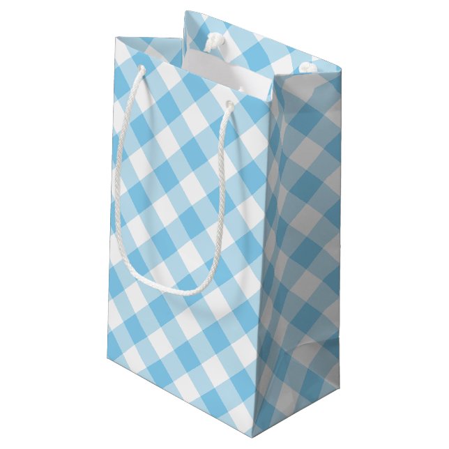 Baby Blue and White Large Diagonal Gingham Checks Small Gift Bag (Back Angled)