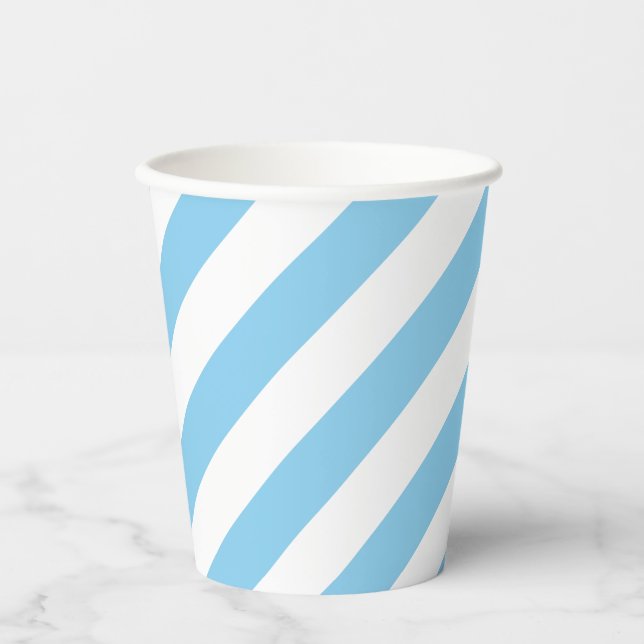 Baby Blue and White Large Size Diagonal Stripes Paper Cups (Front)